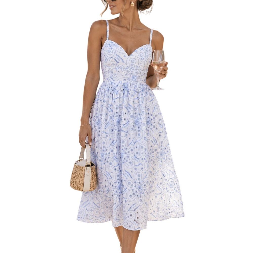 Lulus Floral Eyelet Embroidered Midi Dress Small White Blue Preppy Party Greece